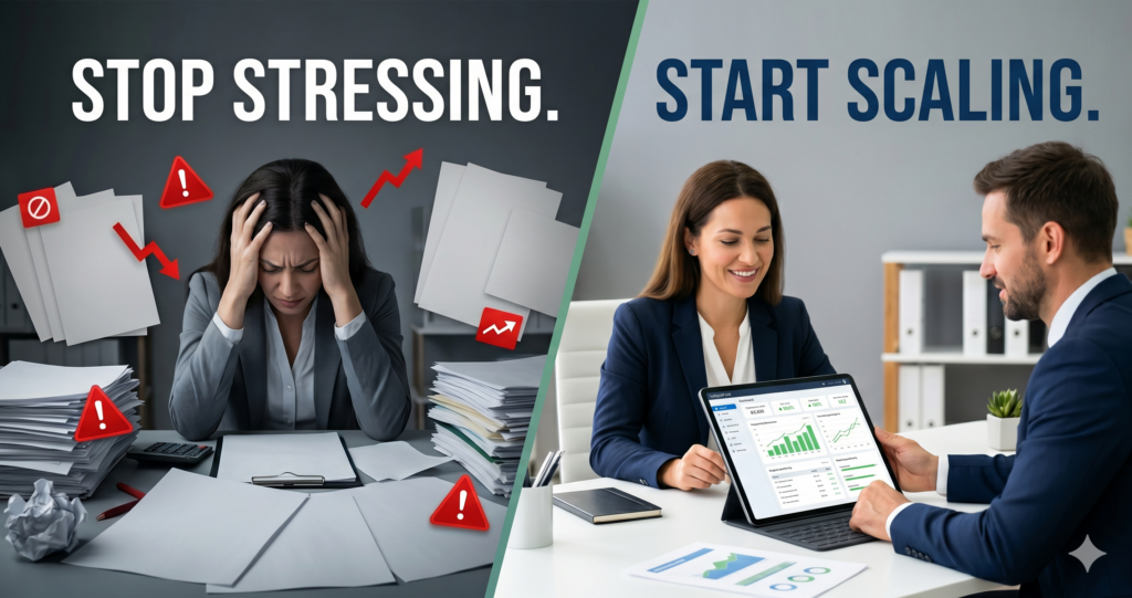 A vertical split-screen graphic showing a stressed business owner overwhelmed by tax paperwork contrasting with a confident business owner reviewing clean financial data dashboards alongside a CPA. Text overlay reads: Stop Stressing. Start Scaling.