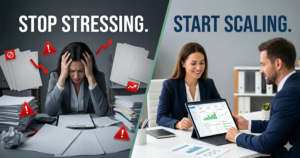 3 Ways to Improve Your Finances While Things are Slow 3 A vertical split-screen graphic showing a stressed business owner overwhelmed by tax paperwork contrasting with a confident business owner reviewing clean financial data dashboards alongside a CPA. Text overlay reads: Stop Stressing. Start Scaling.